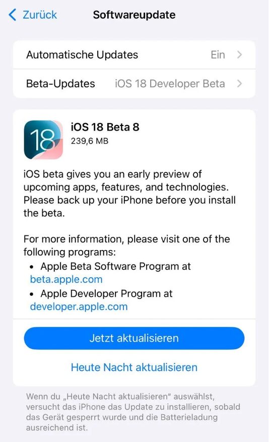 陈仓苹果手机维修分享苹果 iOS / iPadOS 18 开发者预览版 Beta 8 发布 